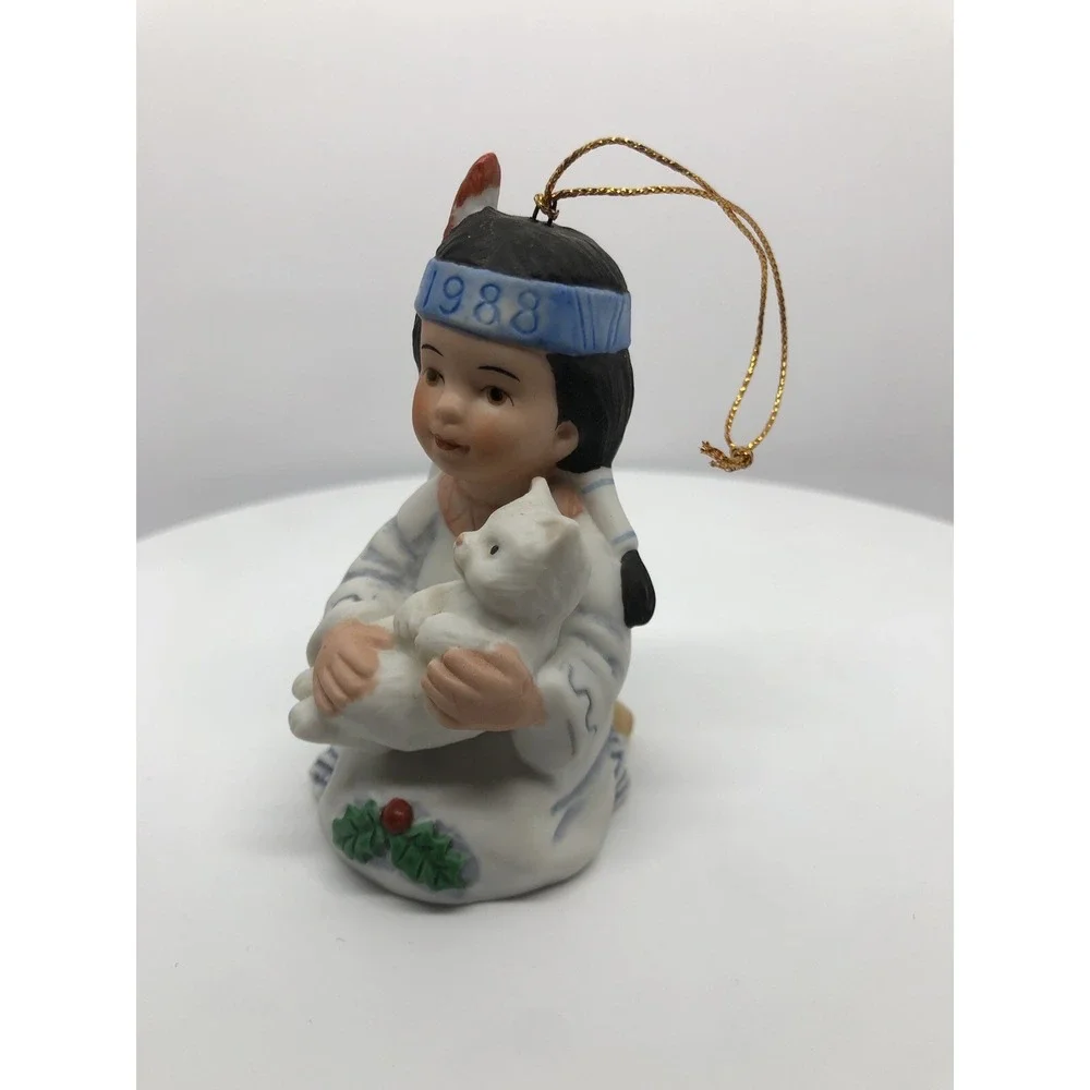 GREGORY PERILLO'S SAGEBRUSH KIDS 1988 BELL CHRISTMAS ORNAMENT BISQUE NATIVE &CAT
